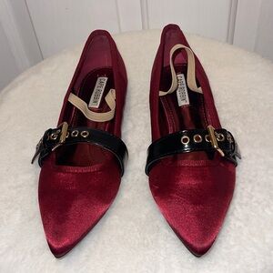 Cape Robbin Red Satin Flats with Black and Gold Accents